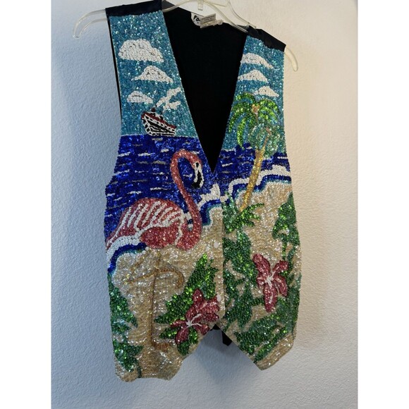 80s 90s Flamingo Sequin Sea Shell Vest Tropical Sparkle Palm Tree Large Beach - Picture 1 of 12